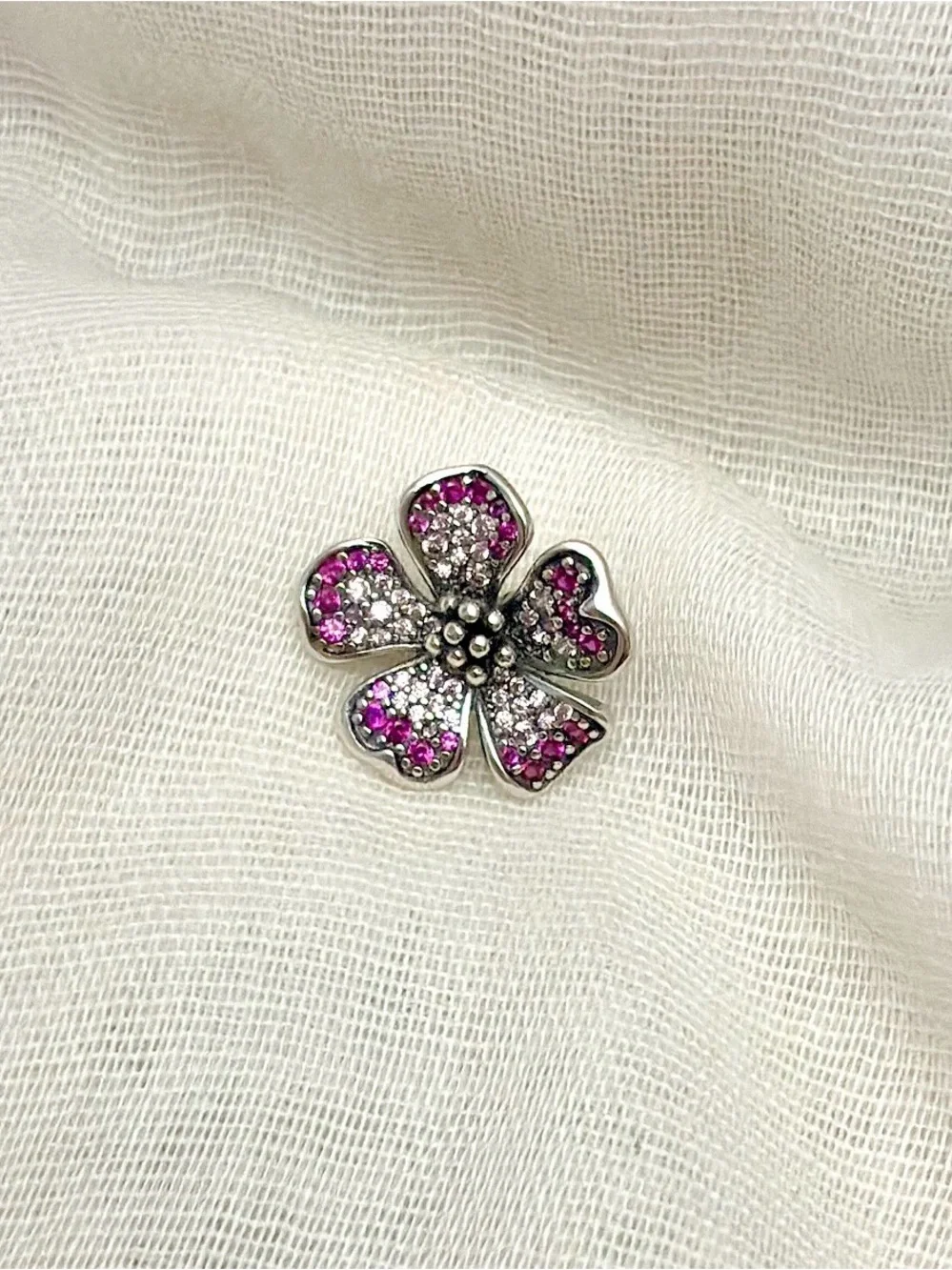 Pink Pavé Peach Blossom Oversized Flower Charm | 925 Sterling Silver, Pink CZs